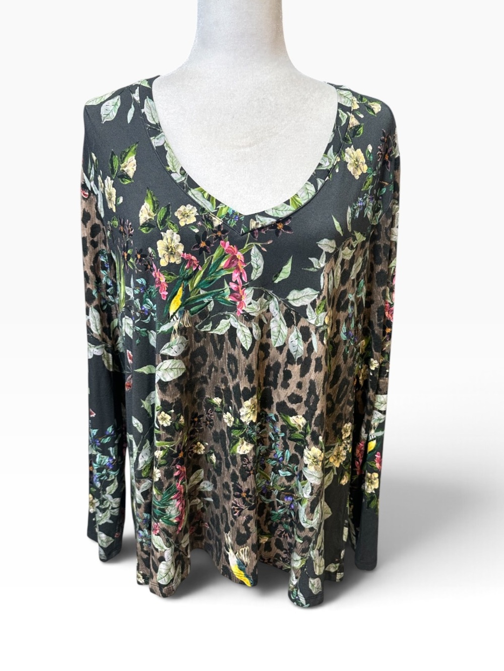 Johnny Was Black Floral & Leopard V-Neck Long Sleeve Top